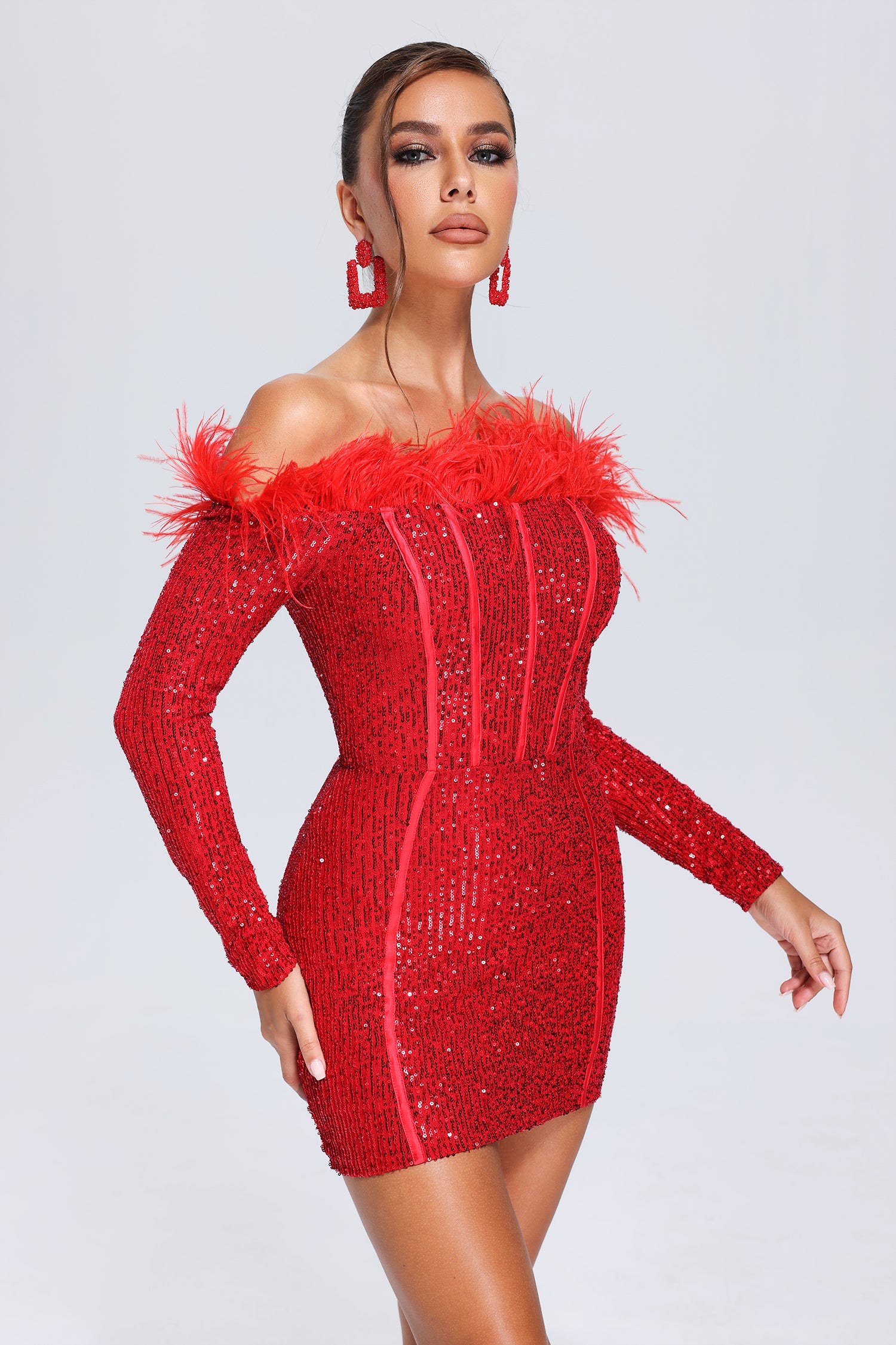 Ember - Wooh's Feather Sequin Mini Dress - Red