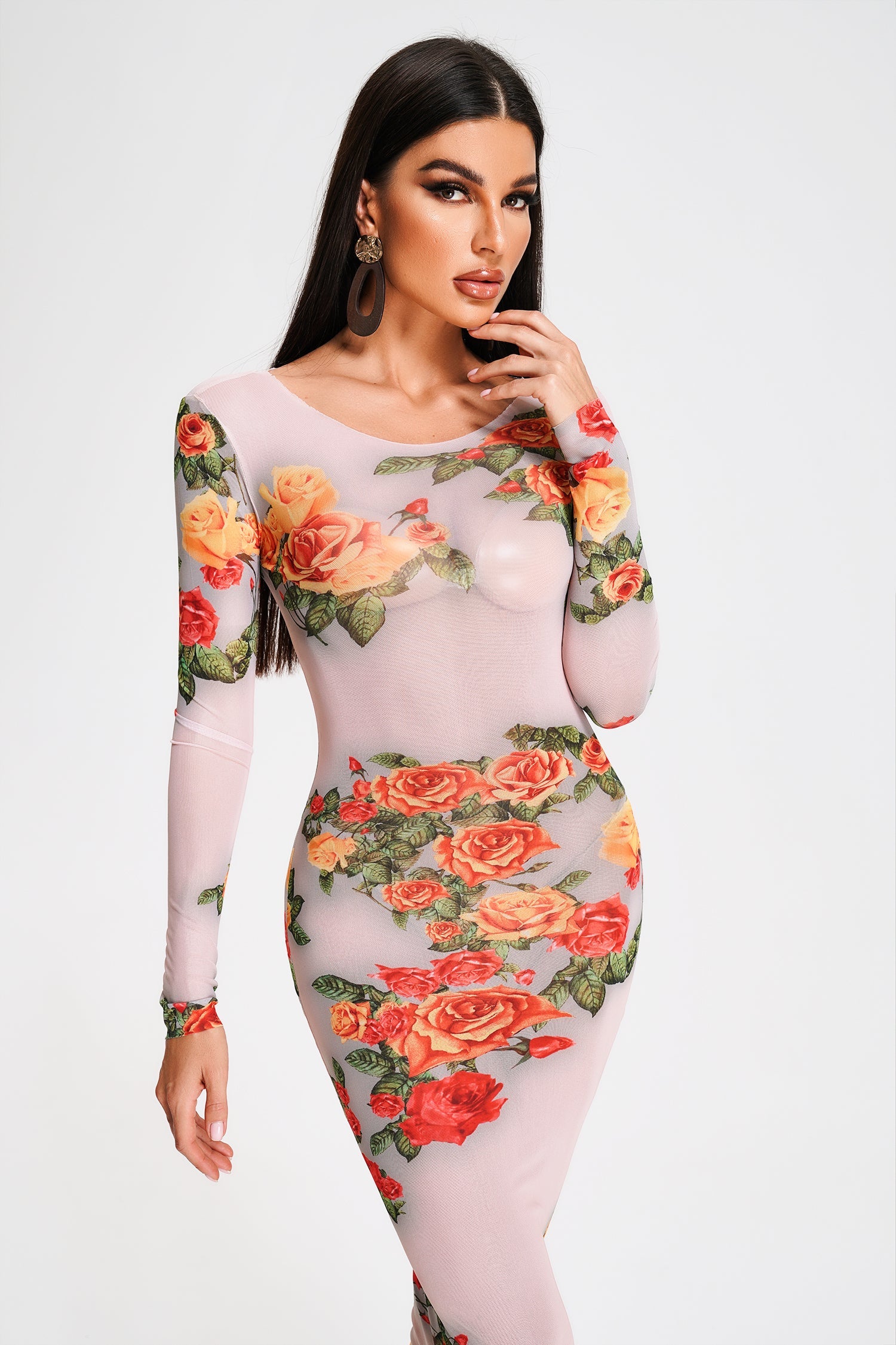 Printed Mesh Midi Dress