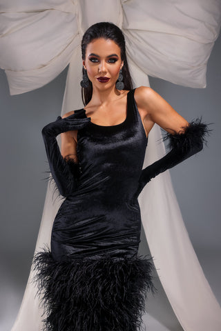 Velvet Elegance - Velvet Noir Feather Elegance Dress