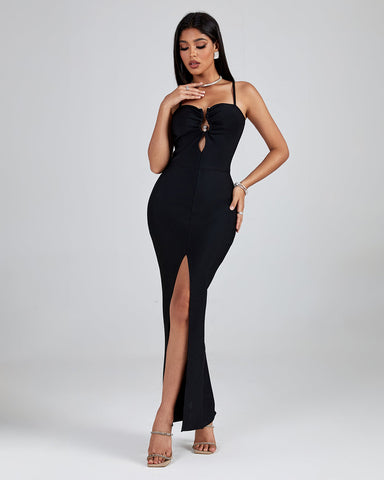 Square Collar Long Sleeve Slit Midi Bandage Dress