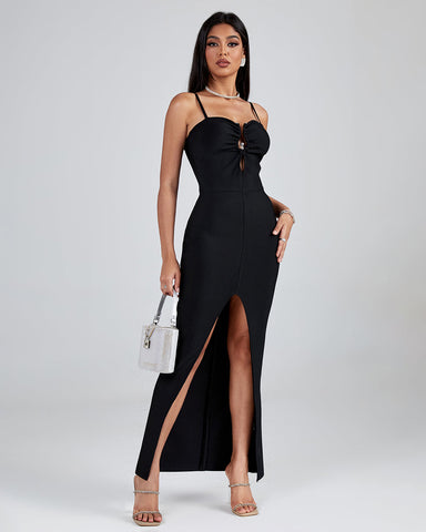 Square Collar Long Sleeve Slit Midi Bandage Dress