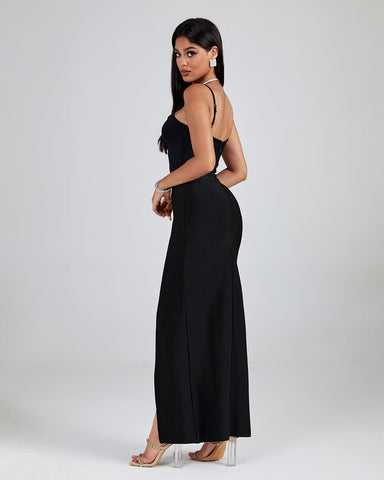 Square Collar Long Sleeve Slit Midi Bandage Dress