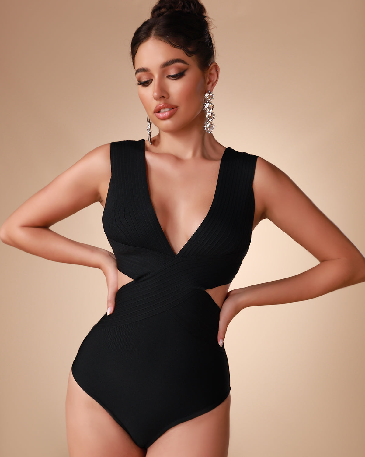 V Neck Textured Bandage Swimsuit