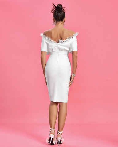 Elegance - Off Shoulder Feather Trim Bandage Dress