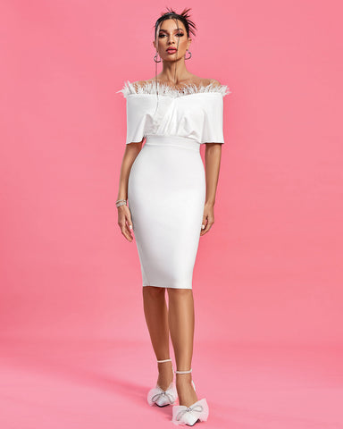 Elegance - Off Shoulder Feather Trim Bandage Dress