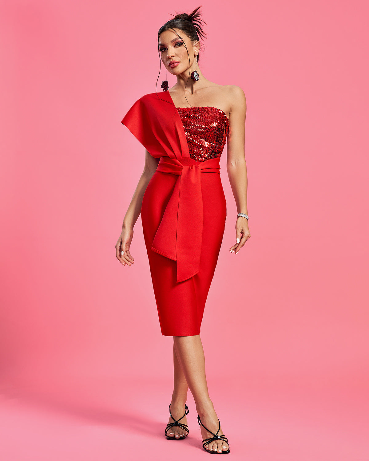 Glam - One Shoulder Sequins Midi Elegance