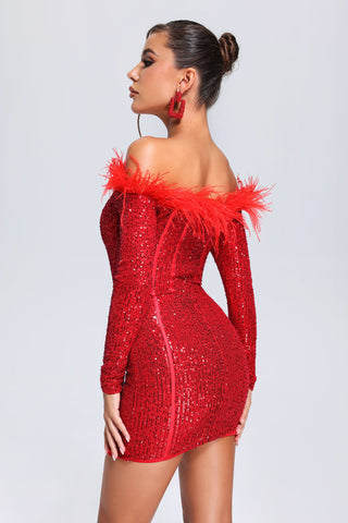 Ember - Wooh's Feather Sequin Mini Dress - Red