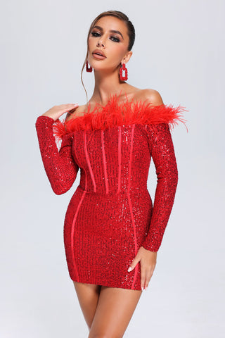 Ember - Wooh's Feather Sequin Mini Dress - Red