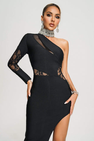 Meshed-Harmony One-Shoulder Midi Dress