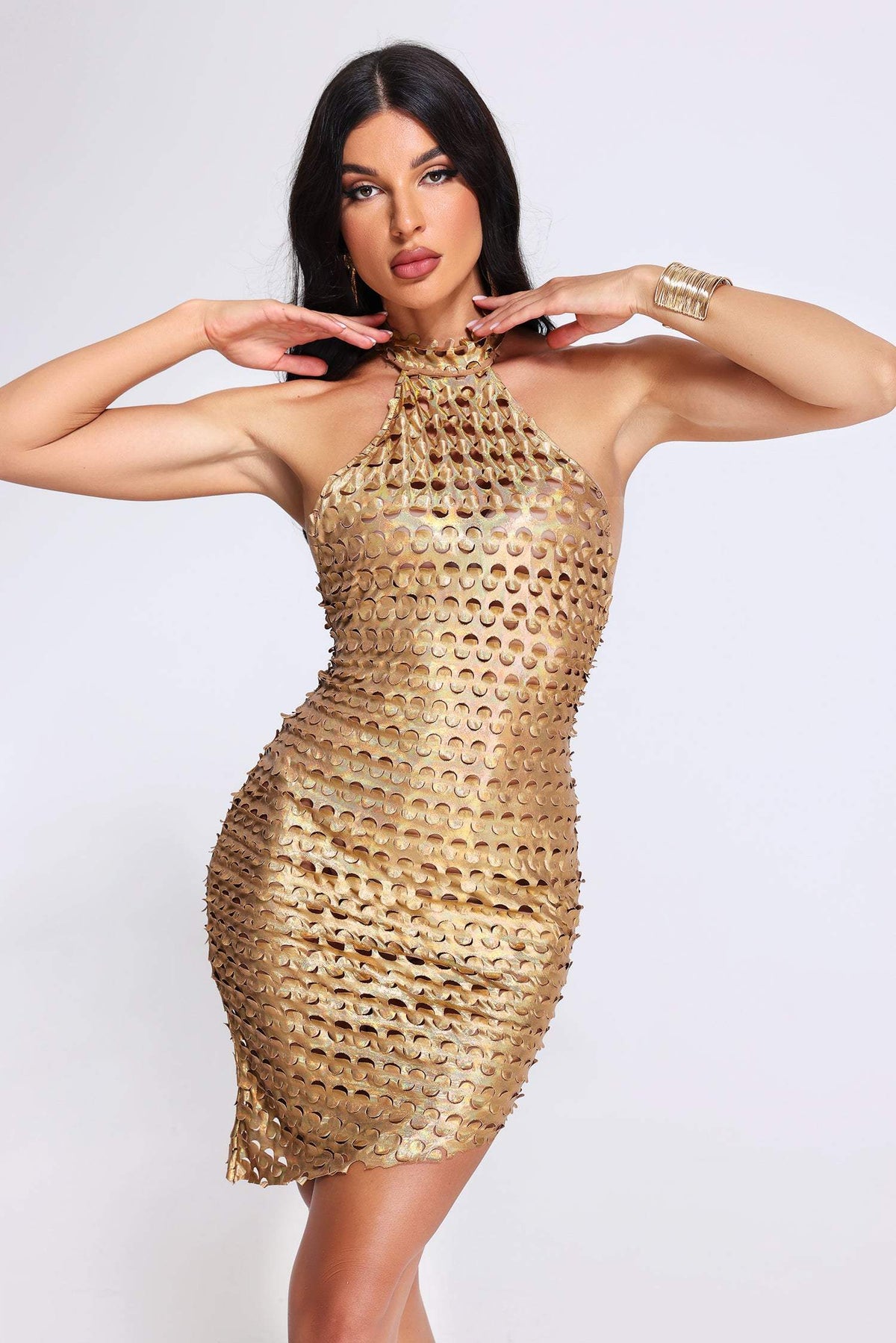 Golden-Halterneck Mini Dress