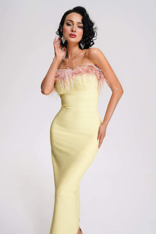 Feathered-Midi Bandage Dress