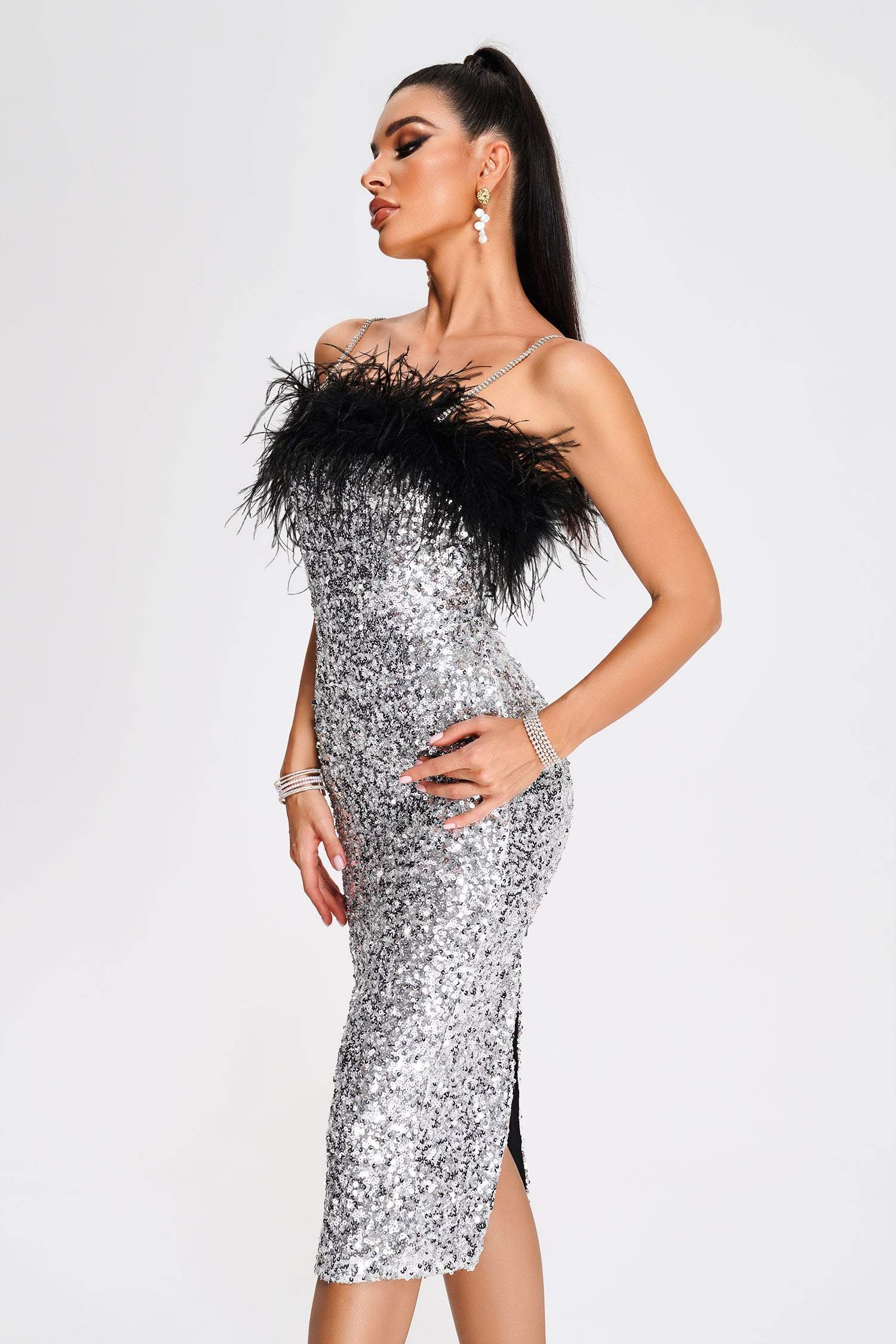 Kayley - Kayley Feather Sequin Midi Dress