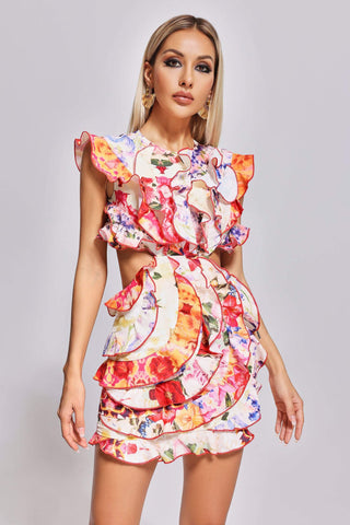 Cutout-Flounced Printed Mini Dress