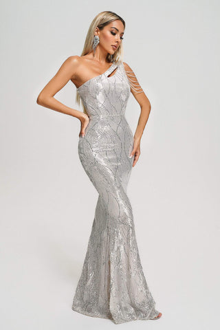 Euphoria-Sequin One Shoulder Maxi Dress